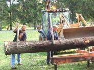 loader lifting logs, workers
