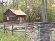 Finished log cabin surrounded by fall leaves on ground