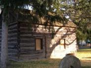 old log cabin side view, shadow of a tree branch on its side, pine dree draping over it